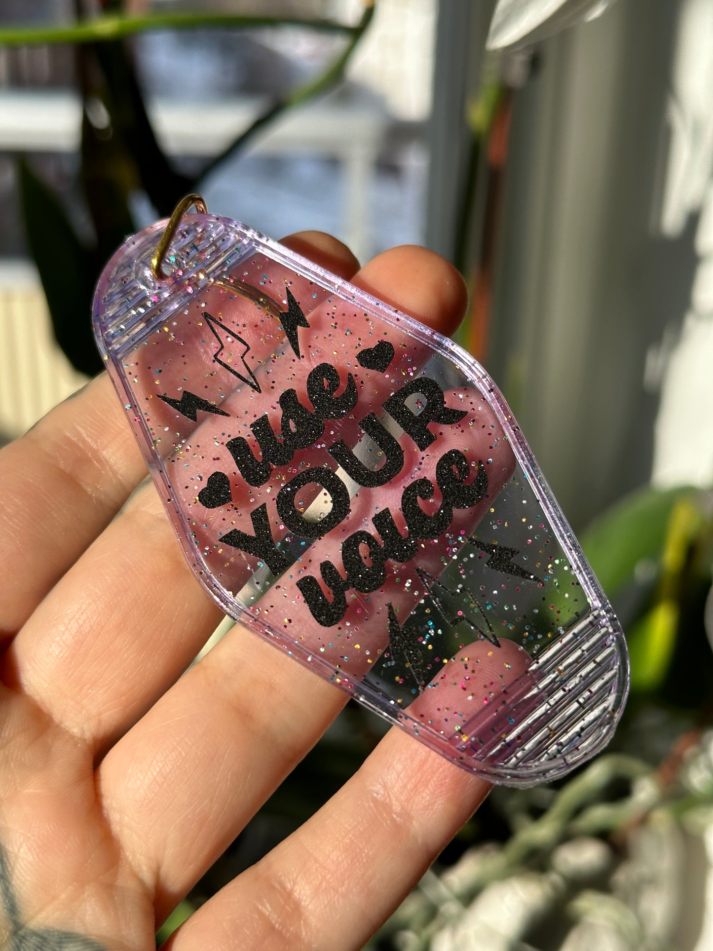 Use Your Voice, Rainbow Glitter Clear Purple Keychain