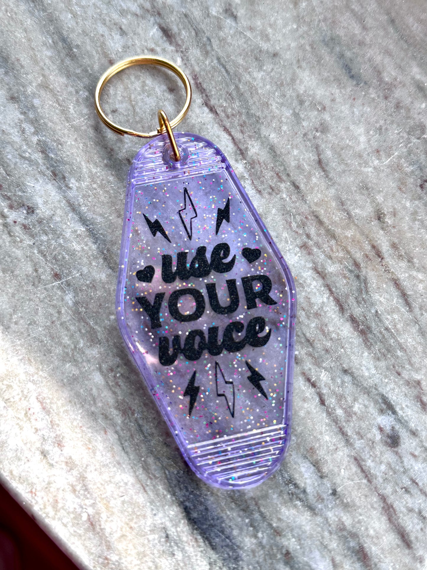 Use Your Voice, Rainbow Glitter Clear Purple Keychain