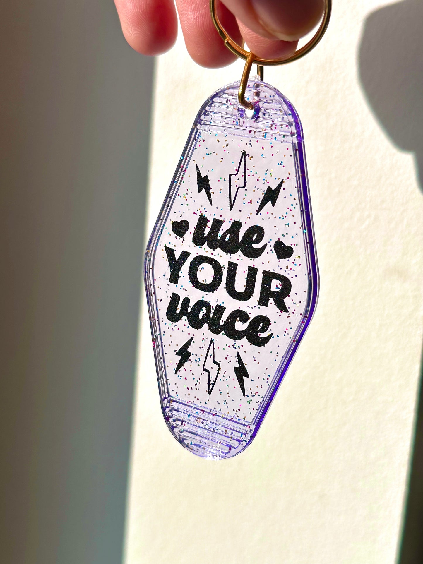 Use Your Voice, Rainbow Glitter Clear Purple Keychain