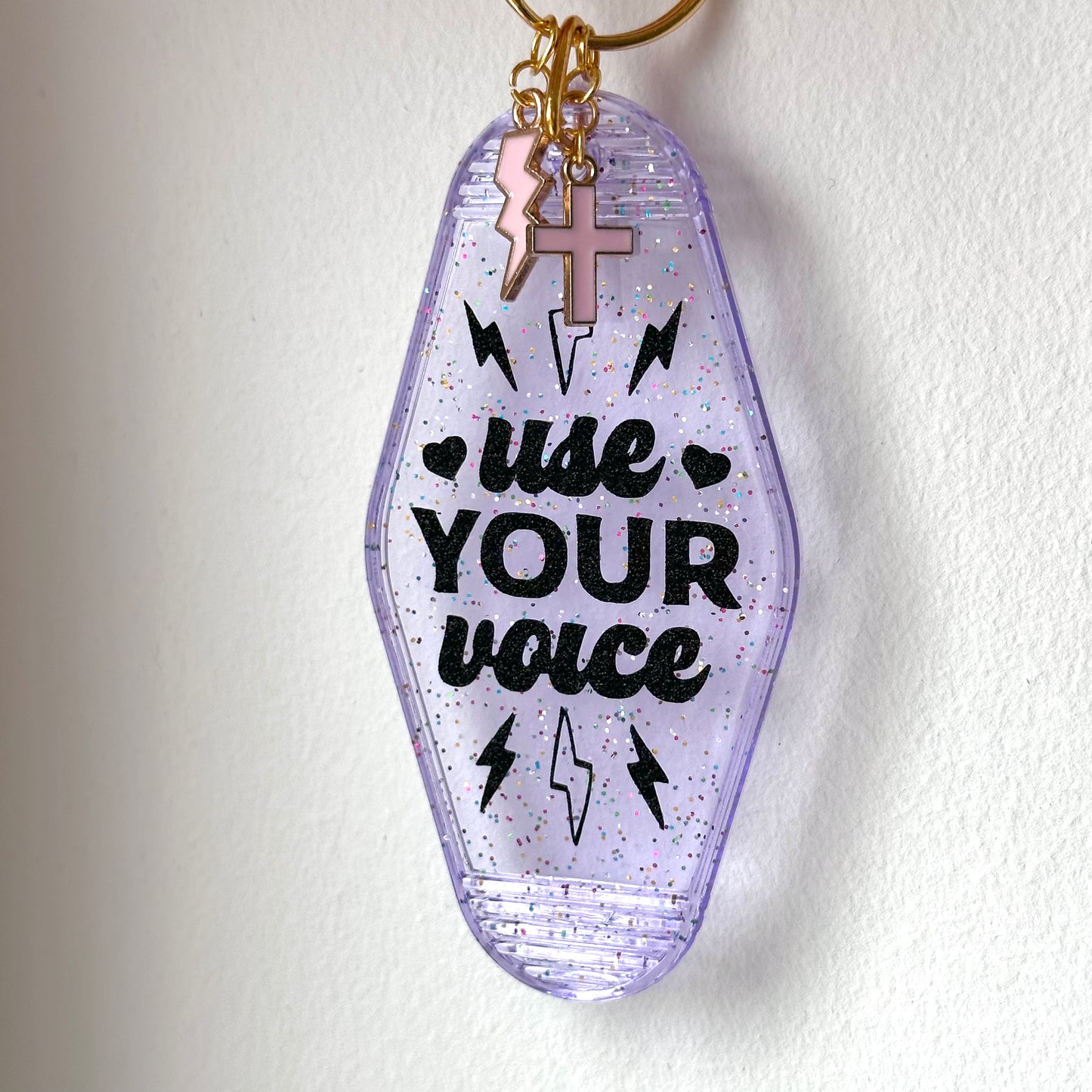 Use Your Voice, Rainbow Glitter Clear Purple Keychain