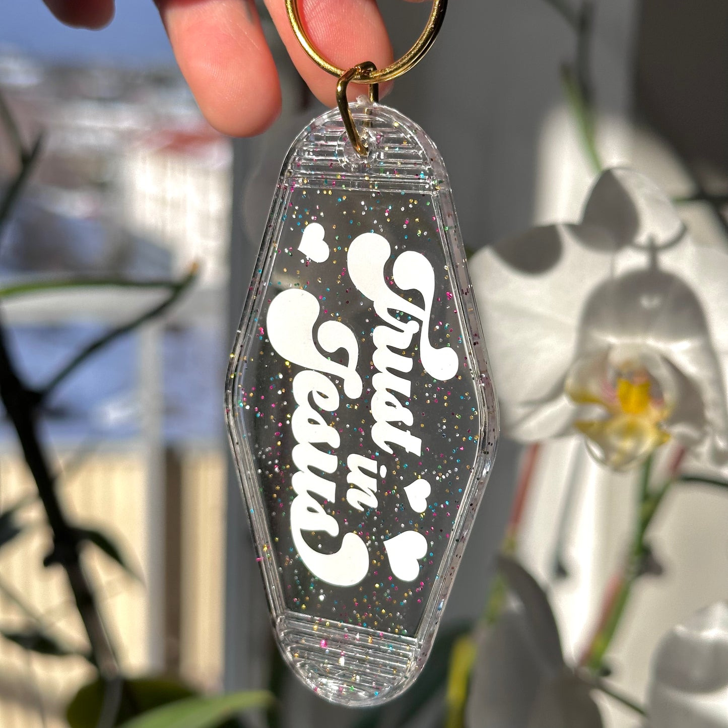 Trust in Jesus, Rainbow Glitter Clear Keychain