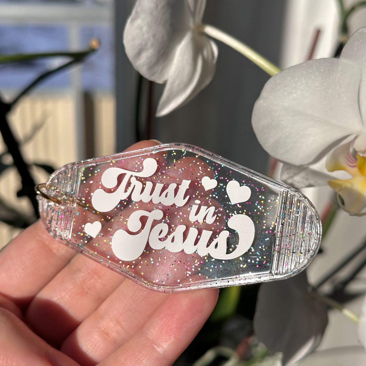 Trust in Jesus, Rainbow Glitter Clear Keychain