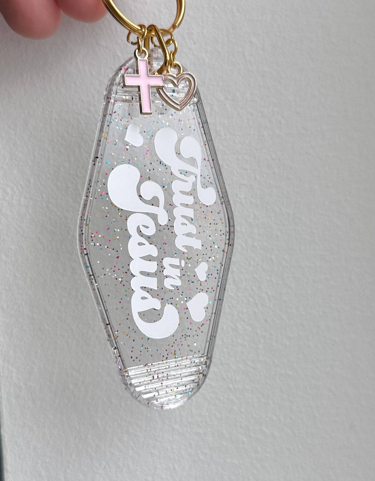 Trust in Jesus, Rainbow Glitter Clear Keychain