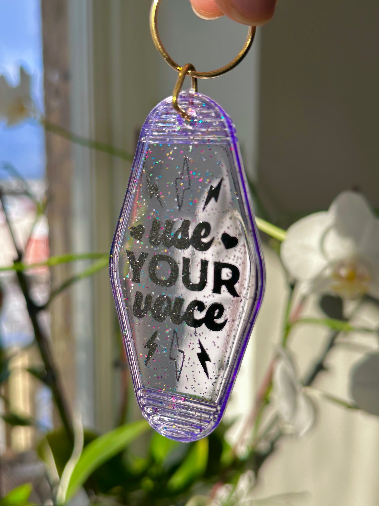 Use Your Voice, Rainbow Glitter Clear Purple Keychain