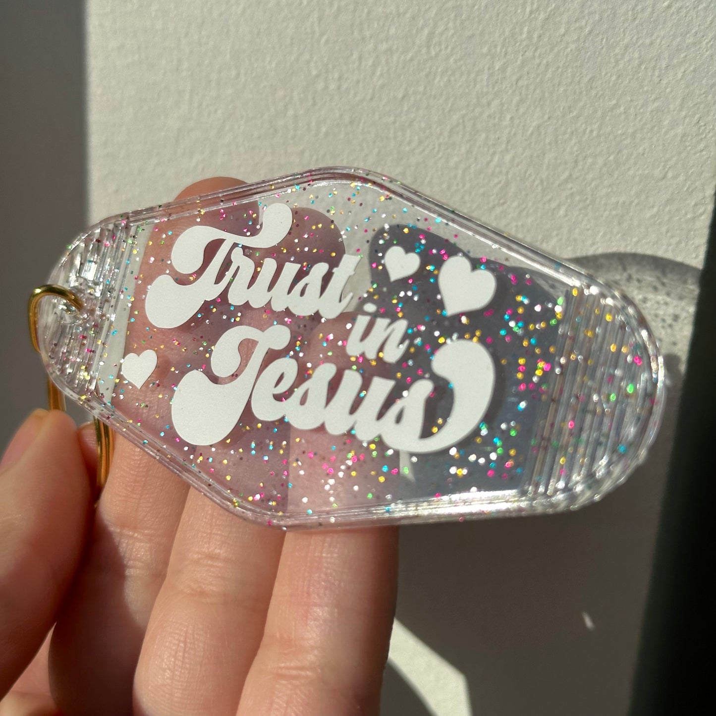 Trust in Jesus, Rainbow Glitter Clear Keychain