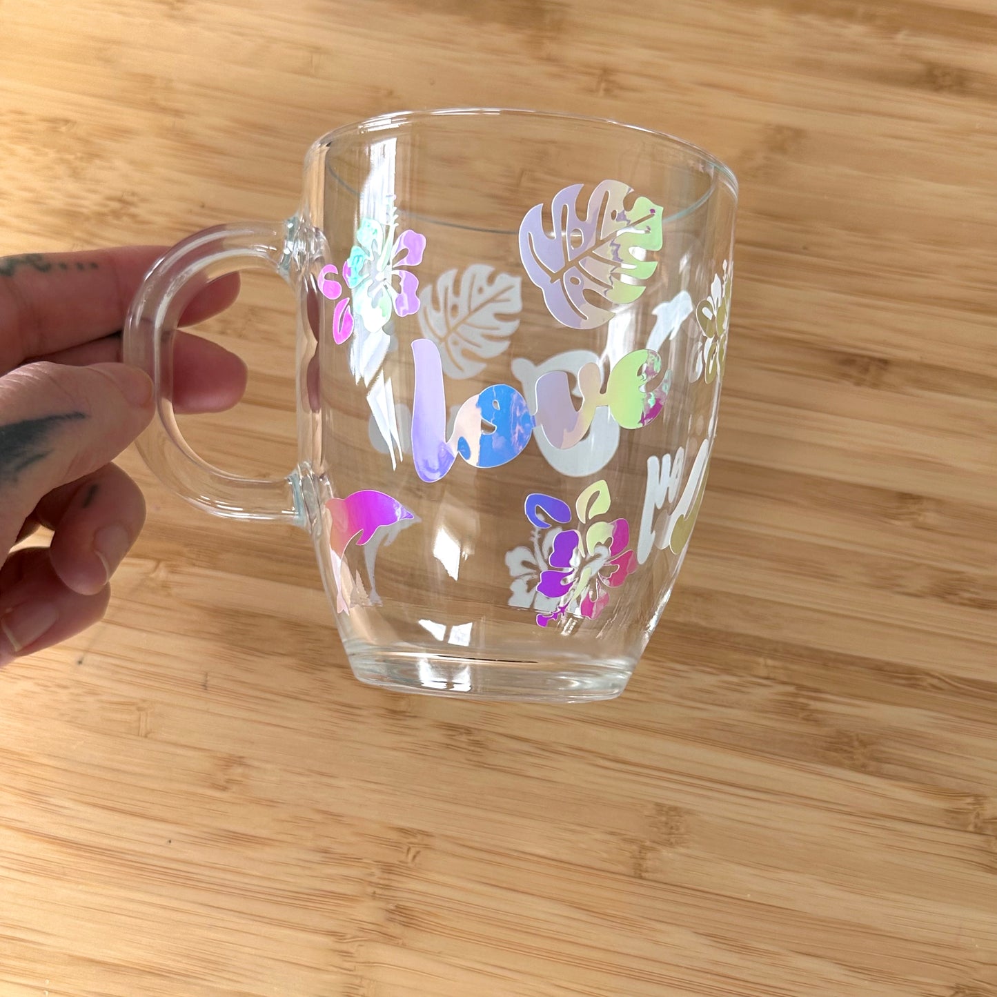 RESERVED Tropical Joy, Love and Jesus glass mug